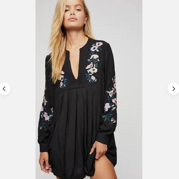 Free People Black Long Sleeve Dress with Floral Embroidery - Picture 2 of 9